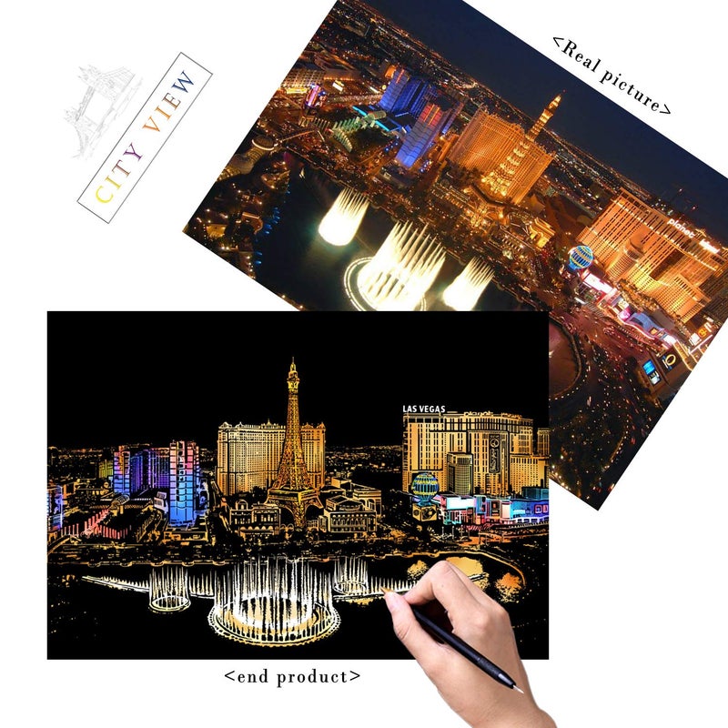 BOTEEN Scratch Rainbow Painting Art Paper,Scratch&Sketch Art for Adults,Scratch Painting Gift Engraving Art&Craft Set,Scratchboard with 4 Tools,16''x11''(Las Vegas,Tower Bridge) - Image 4